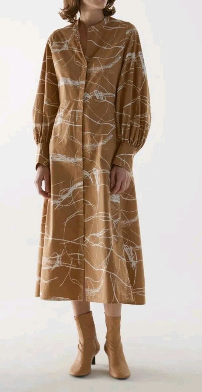 COS Brown White Printed Long Sleeve Button Up Midi Dress Size 38 Quiet Luxury